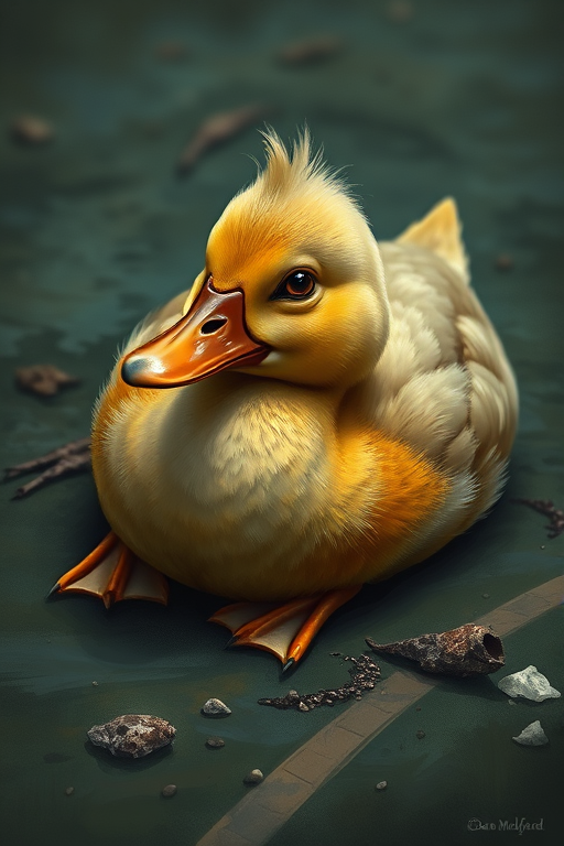 Stunning image of a cute adorable tired looking wacky duck laying flat on the ground, no emotions, moody, grainy, noisy, concept art, by Alberto Seveso, Cyril Rolando, Dan Mumford, Meaningful Visual Art, Detailed Painting, Digital Illustration,