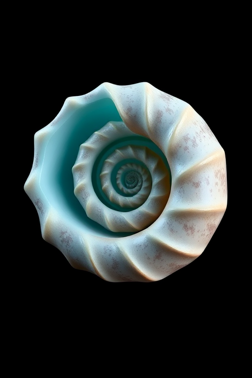 Create a high-resolution 3D rendering of a spiral shell in a deep black background with soft blue and turquoise tones, using a DSLR camera with a focal length of 50mm, ISO 100, aperture at f/8, and a shallow depth of field to emphasize the curves and depth of the spiral structure.
