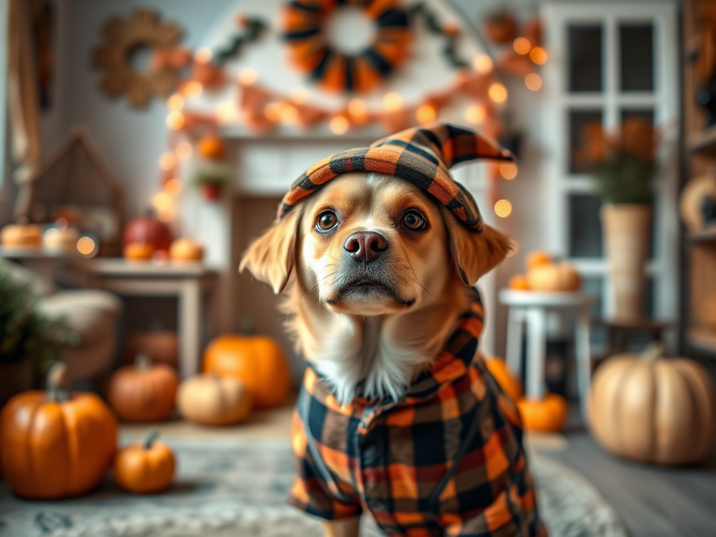 a cute dog wearing a plaid hat and outfit in a decorated room with pumpkins and Halloween decor, soft focus, f/2.8 aperture, 50mm lens, ambient lighting, DSLR camera, portrait view