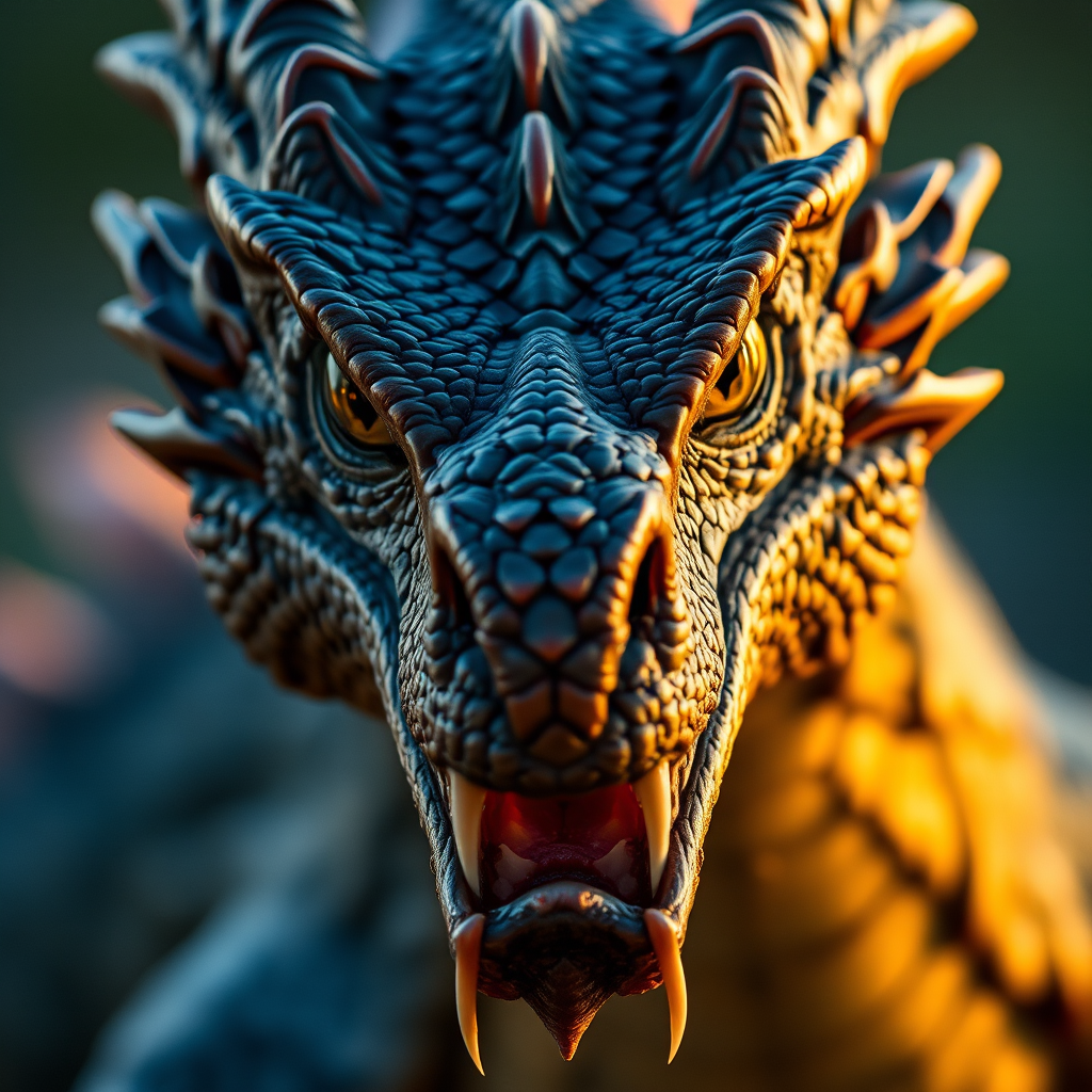 highly detailed portrait of a fierce dragon with intricate scales and menacing eyes, taken with a Canon EOS R5, 85mm f/1.2 lens, aperture f/2.8, ISO 100, soft golden hour lighting, shallow depth of field, dramatic angle, vivid colors
