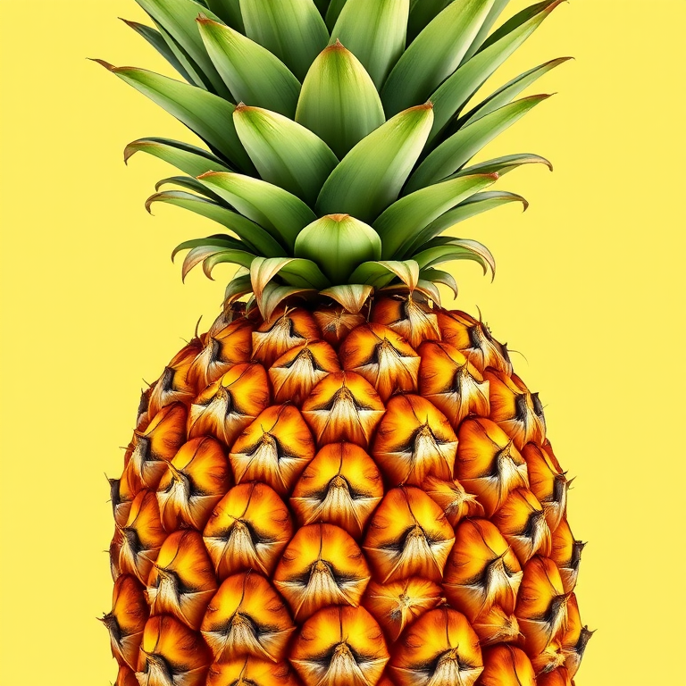 Create a vibrant illustration of a pineapple with detailed green leaves and a textured yellow and brown hexagonal pattern on the body, using a DSLR camera with a 50mm lens, f/1.8 aperture, ISO 100, and natural lighting for a crisp, high-quality image.