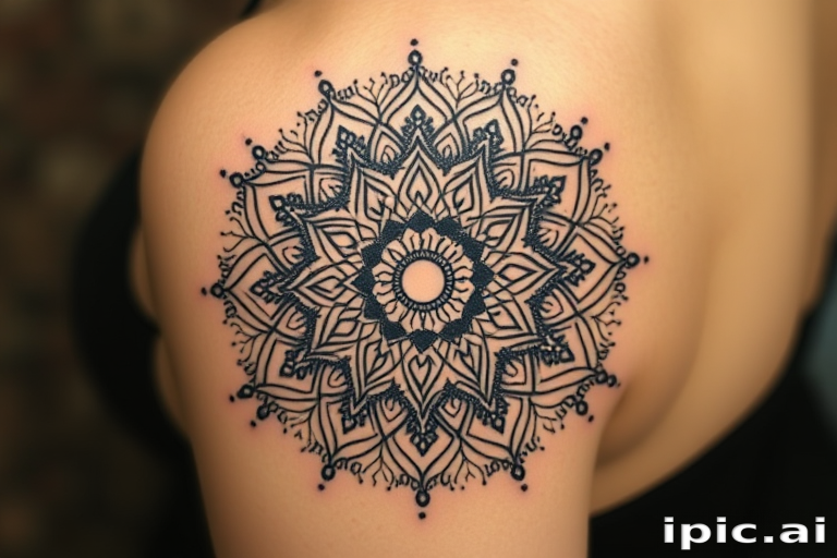 Dotwork mandala tattoo called "Cosmic Balance" using thousands of tiny dots to create intricate patterns and shading forming a symmetrical circular design inspired by spiritual and meditative practices