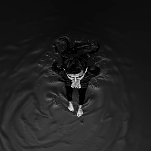 A high-contrast black and white photograph of a male figure diving into dark water from an aerial perspective, using a Canon EOS R5 with a 24-70mm f/2.8 lens at f/2.8, ISO 100, shutter speed 1/1000s, natural light for enhanced clarity and detail.