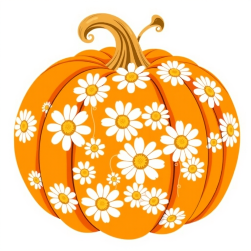 a whimsical orange pumpkin with white daises pattern covering the pumpkin. Solid white background sublimation vector 3000dpi 32k