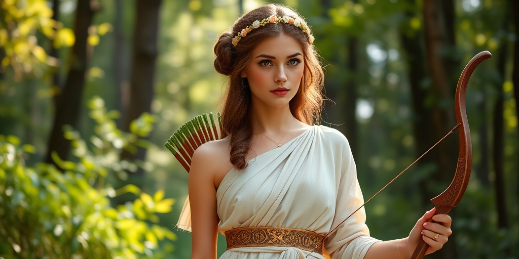 Create a portrait of a goddess-like Coptic girl figure in a tranquil, forested environment. She has an elegant appearance with long, wavy hair styled in an updo and adorned with a delicate, floral headband. She wears a flowing, ancient Greek-inspired gown in a soft, pale color, featuring a one-shoulder design and draped fabric that accentuates her graceful form. The outfit includes a decorative belt with ornate gold detailing, and she holds a bow in her hand, with a quiver of arrows slung over her shoulder. The background depicts lush greenery, with sunlight filtering through the trees, casting a gentle, ethereal light on the scene. Her expression is calm and contemplative, embodying a sense of wisdom and serenity.
