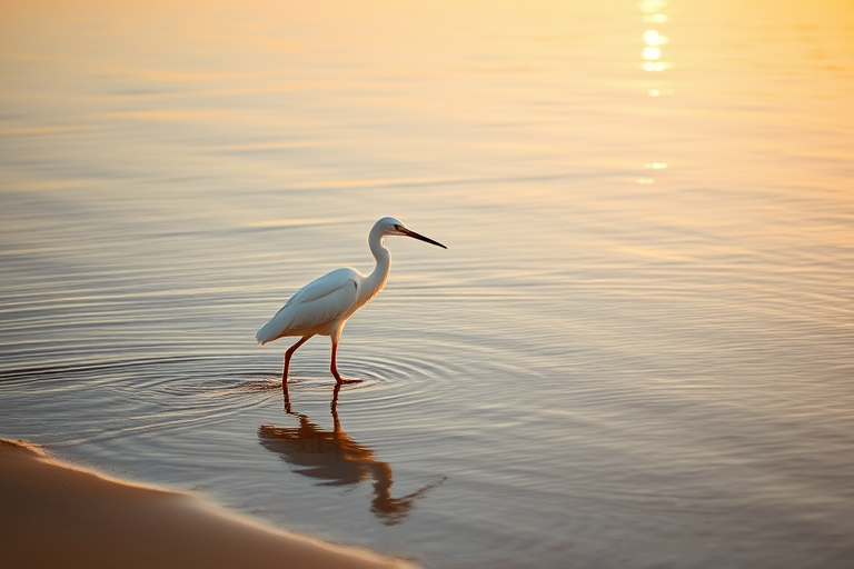 Capturing a solitary white heron wading through shallow water at the edge of a serene beach during golden hour, using a full-frame DSLR camera with a 70-200mm lens, aperture set to f/4 for depth of field, shutter speed at 1/500s to freeze motion, ISO 200 for image clarity, with a slight zoom and side angle view to enhance the composition.