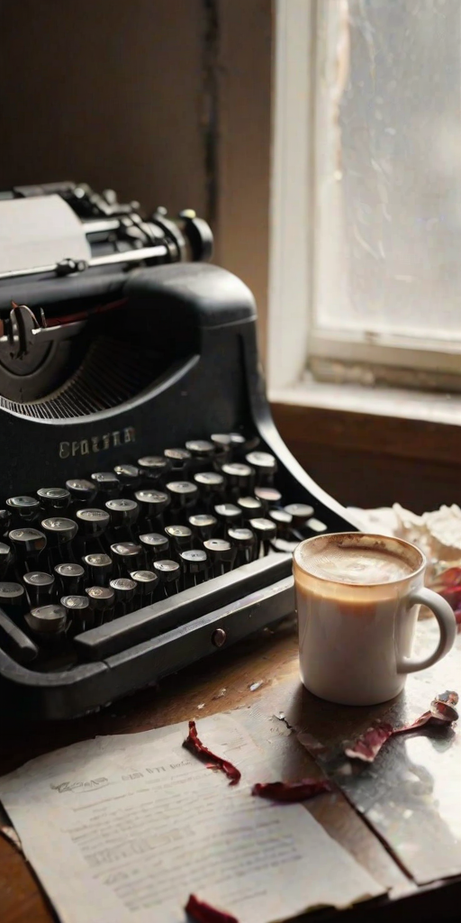 Close-up of an old typewriter with dusty keys, soft light from a window illuminating the machine, with crumpled papers scattered around the desk and a coffee cup with a lipstick stain.