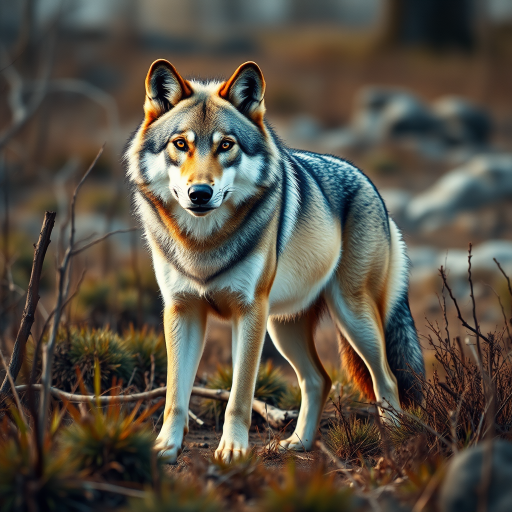 Create a detailed and high-resolution color illustration of a wolf standing confidently in a natural environment, using a DSLR camera with a 50mm lens, aperture set to f/2.8, shutter speed at 1/200 sec, ISO 200, and take the photo from a low angle to emphasize the wolf's stature and surrounding vegetation.