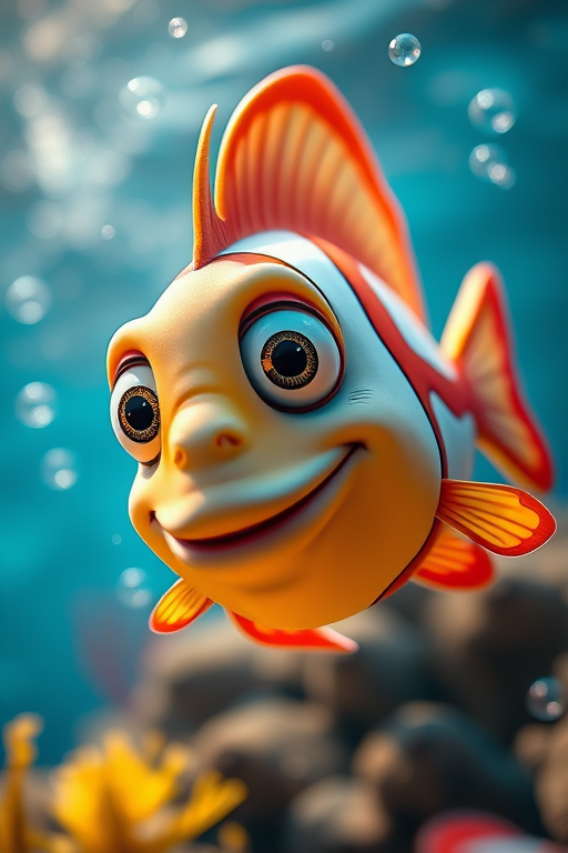 Create a vibrant underwater scene featuring a cartoon fish with exaggerated features, using a Canon EOS R5 camera, 50mm lens, f/2.8 aperture, ISO 100, and a macro view to enhance the details, with soft lighting to highlight bubbles around the fish.