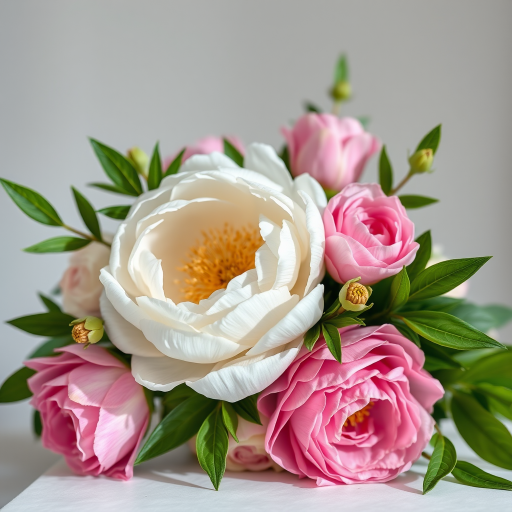 Generate a high-resolution image of a floral arrangement featuring a white peony, delicate pink blooms, and lush green leaves, captured with a Canon EOS R5, 85mm f/1.4 lens, at f/2.8 aperture, ISO 100, using a soft natural light setting to enhance colors and details.