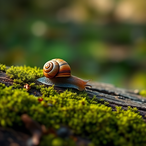 macro shot of a snail crawling on a moss-covered log with soft natural lighting, aperture f/2.8, shutter speed 1/125 sec, ISO 200, 50mm lens, DSLR camera, focus on the snail with blurred background