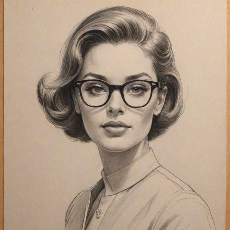 Splendid Eli Goree, pencil sketch, portrait of Elegant woman 1959s in glasses, hair style beatnik, outline, clear lines, fine lines, 8k