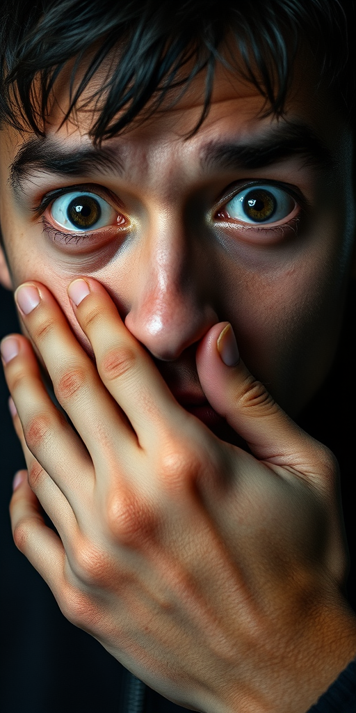 detailed edges, detailed image, perfection style, A cinematic detailed image of a surprised man covering his mouth with his hand in fear, movie themed, sharp, detailed background, epic cinematic photography, artistic style, dramatic light style, cinematic color style, Kodak 35mm film style, detailed style, hand focus style, 1girl, looking at viewer, black hair, 1boy, brown eyes, male focus, solo focus, blurry, black eyes, lips, fingernails, pov, black background, close-up, veins, realistic, pov hands, dark, hand on another's face, solo, simple background, tears, portrait, short hair, eye focus, eren yeager
