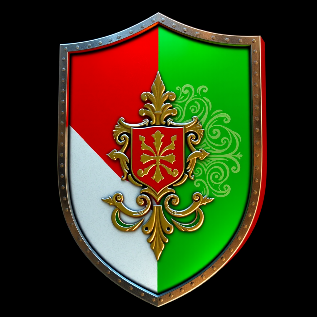 Create a high-resolution digital rendition of a shield featuring a design divided into three sections: the left section with alternating red and white, the middle with a stylized emblem, and the right section in green, incorporating intricate patterns; use a Canon EOS R5 camera with a 50mm lens at f/2.8, ISO 100, and 1/200s shutter speed, with a slight vignette effect, and a focus on vivid colors and textures.