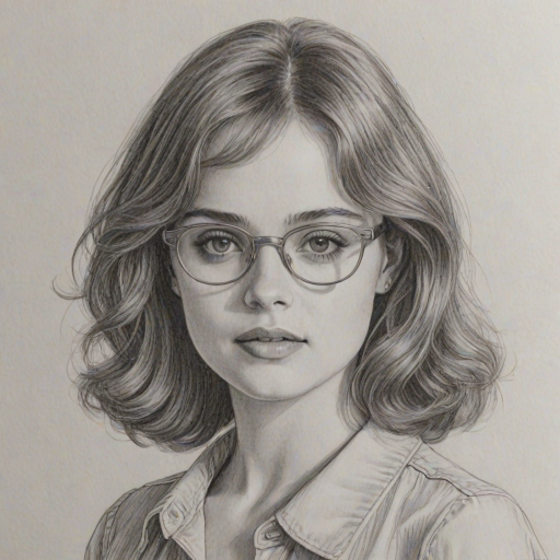 Dazzling Joey King, pencil sketch, portrait of Delightful woman 1978s in glasses, hair style beatnik, outline, clear lines, fine lines, 8k