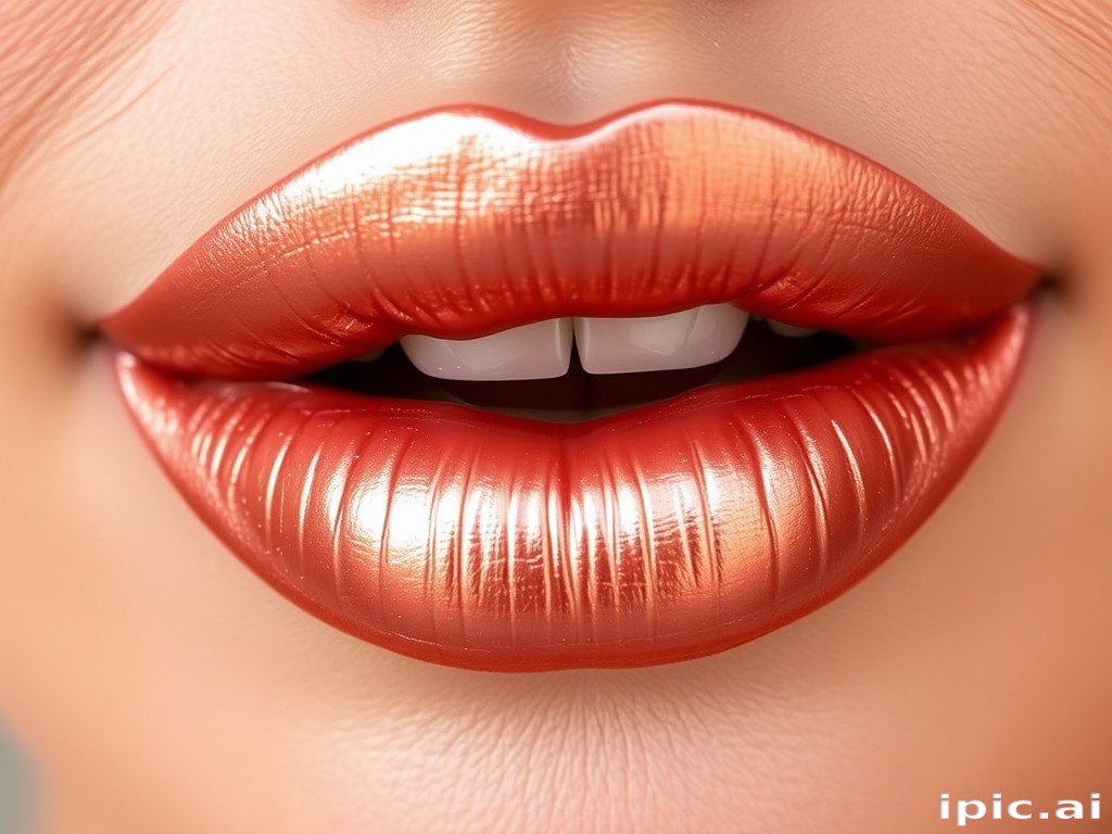Metallic rose gold lips titled "Gilded Blush" offer a luxurious sheen with a hint of warmth, complementing both casual and formal attire for a touch of elegance