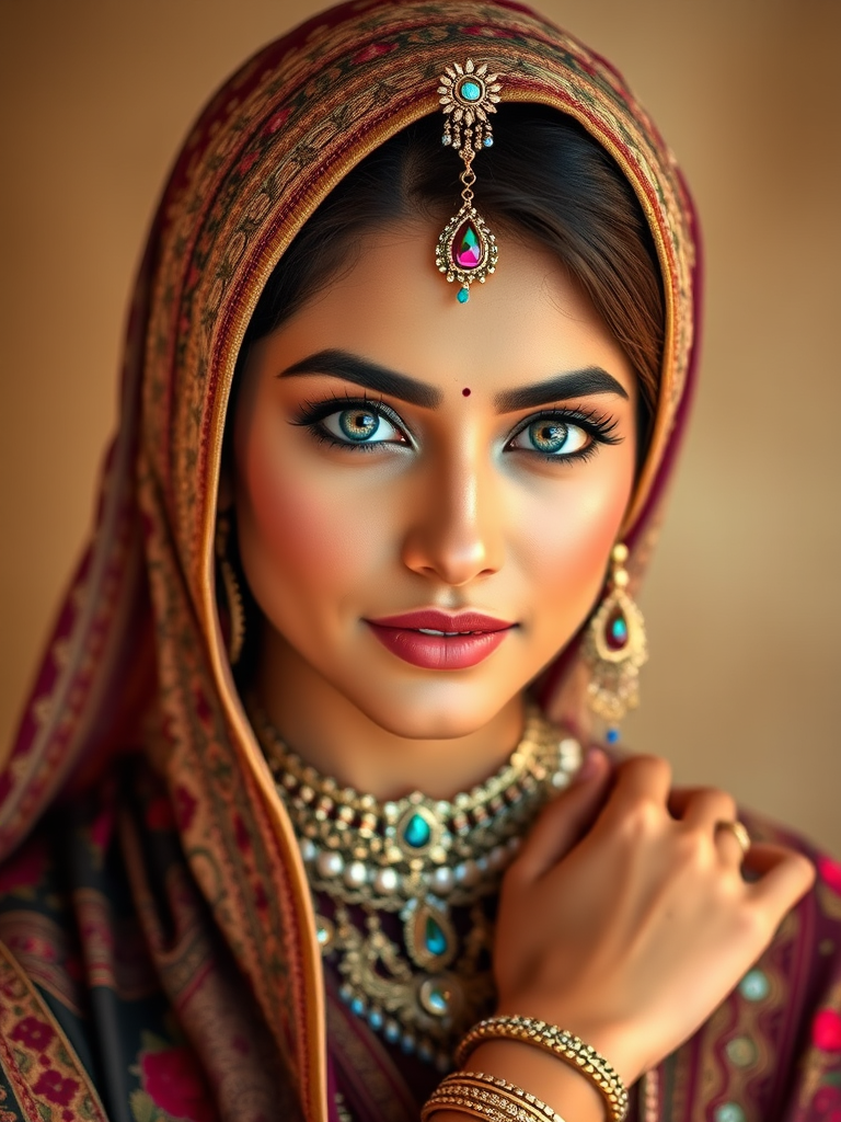 Create a portrait of a beautiful Pakistani woman with striking blue eyes and a gentle expression. She is adorned in traditional attire with intricate patterns, including a richly embroidered headscarf and matching garments. Her jewelry includes a delicate headpiece, dangling earrings, and ornate bracelets, all featuring vibrant gemstones and detailed metalwork. The background is soft and warm, enhancing the rich colors of her outfit and jewelry.