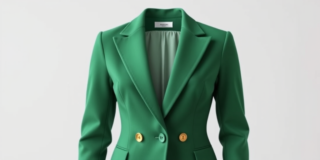 Generate a high-quality vector illustration of a green blazer with a tailored fit, featuring a single-breasted design and two gold buttons, captured with a Canon EOS 5D Mark IV using a 50mm lens at f/2.8, 1/125 sec shutter speed, ISO 100, in a well-lit studio setting with soft diffused lighting.