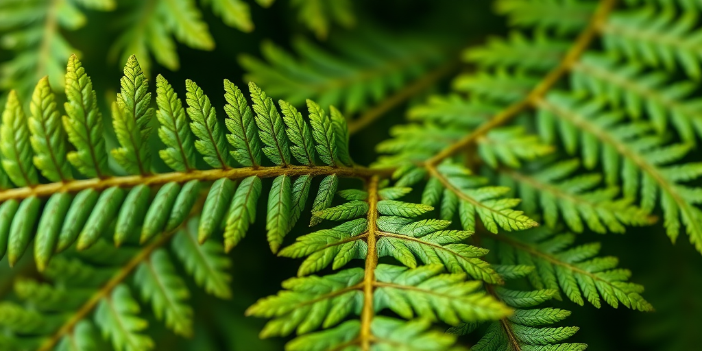 Create a detailed close-up image of a vibrant green fern leaf with high contrast, using a macro lens at f/8 aperture, ISO 100, shutter speed 1/250s, shot from a bird's eye view, with natural soft lighting to enhance texture and color saturation.