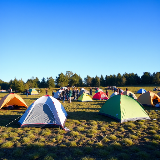 regenerate an outdoor scene of a tent camp with several tents set up on grassy land under a clear blue sky, include people interacting around the tents, use a DSLR camera with a 24mm lens, aperture f/8, ISO 200, shutter speed 1/200s, natural lighting, wide-angle viewpoint