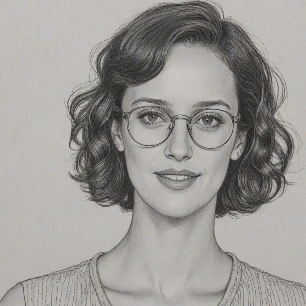 Sublime Phoebe Waller-Bridge, pencil sketch, portrait of Delightful woman 1967s in glasses, hair style beatnik, outline, clear lines, fine lines, 8k