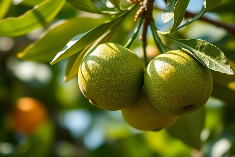 close-up shot of green oranges hanging from a tree branch, natural lighting, depth of field, ISO 100, f/4.0, 1/200s, DSLR camera