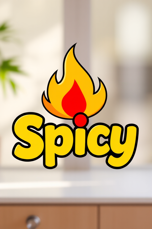 Create a vibrant and bold graphic design featuring the word "Spicy" in large, playful yellow letters with red accents and a stylized flame above it, using a 50mm lens at f/1.8, shooting in natural lighting, with a soft focus background to enhance clarity and detail.