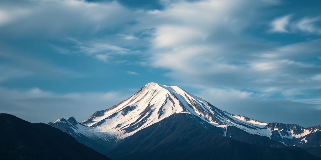 Capture a high-resolution image of a snow-capped mountain peak under a dramatic sky, using a DSLR camera with a 24mm lens, aperture f/8, ISO 100, shutter speed 1/250s, in landscape orientation and natural lighting for enhanced quality.