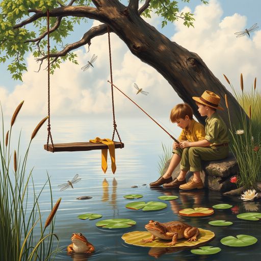 Imagine a small group of old fashioned young boys out fishing by the creek, a swing hanging from a tree branch, reeds and grasses by the water's edge, a frog sitting on a lily pad, dragonflies hovering over som water plans, a very iconic old fashioned scene reminiscent of a Norman Rockwell painting style