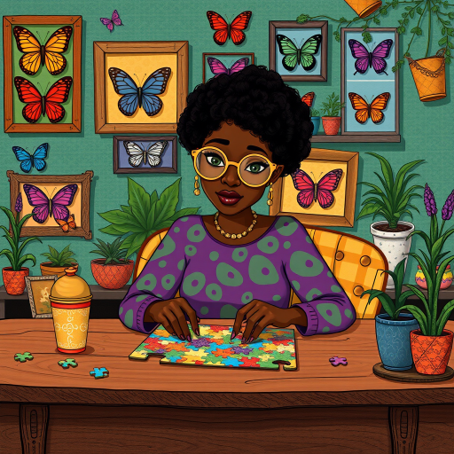 A vibrant and whimsical illustration of an african american woman sitting at a table working on a colorful jigsaw puzzle. she is wearing round glasses, and patterned clothing in shades of purple and green.  The background features an eclectic collection of framed butterflies, potted plants, and other natural elements, creating a warm and inviting atmosphere. The style is playful and modern, with rich textures, intricate details, and a lively color palette.