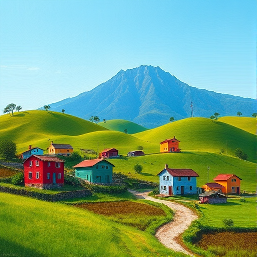 Create a vibrant landscape painting of a rural scene featuring colorful houses, lush green hills, and a mountain in the background, captured using a DSLR camera with a 50mm lens at f/8, ISO 100, and a focal length of 50mm to enhance depth and detail.