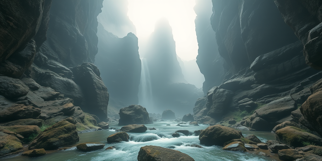 generate a surreal landscape featuring a misty canyon with flowing water surrounded by towering rocky formations and ethereal light filtering from above, shot with a Canon EOS R5, 24mm lens, f/11, ISO 100, with a wide-angle view and a cinematic style.