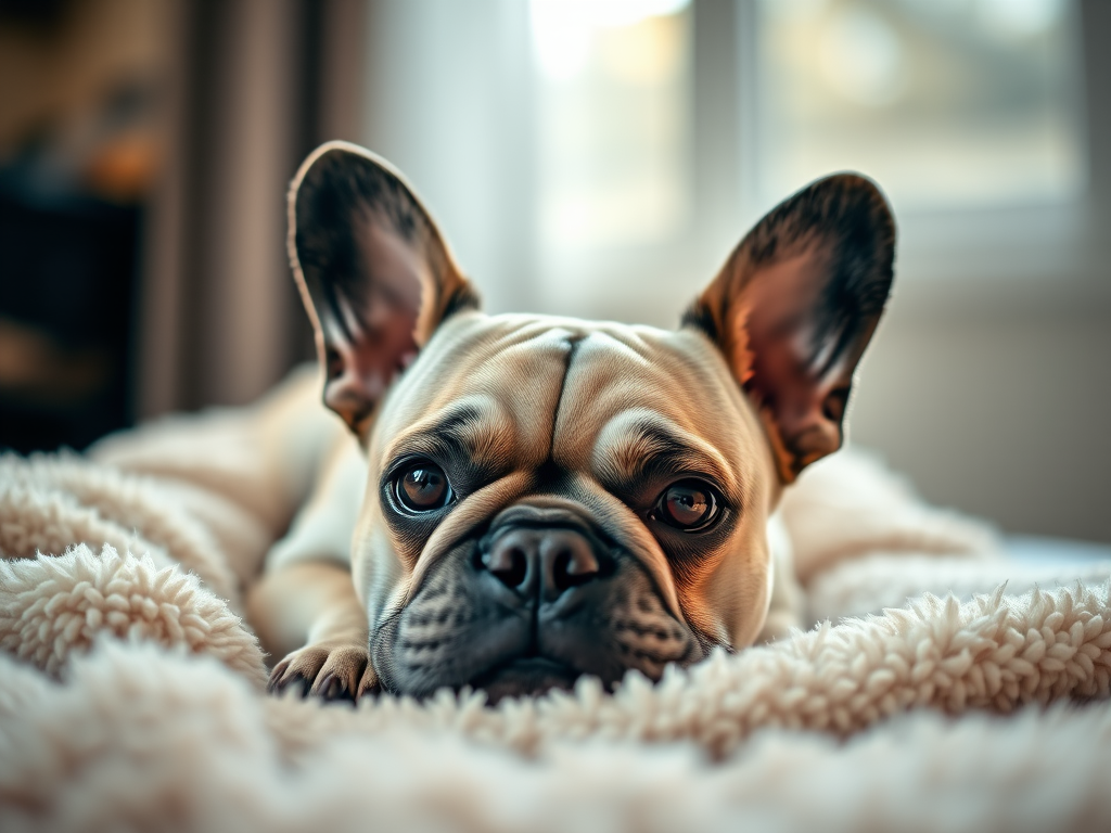 French Bulldog lying on a fluffy blanket, soft natural light, 50mm lens, f/1.8 aperture, ISO 200, shallow depth of field, DSLR camera, portrait view.