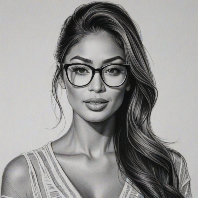 Radiant Nicole Scherzinger, pencil sketch, portrait of Captivating woman 1948s in glasses, hair style beatnik, outline, clear lines, fine lines, 8k