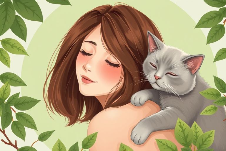 A digital illustration of a woman with medium brown hair looking affectionately at a light gray cat resting on her shoulder, surrounded by green leaves and a circular green background, using a soft color palette, captured in high resolution with a Canon EOS R5, 35mm lens, f/1.8, ISO 100, natural light for soft shadows.