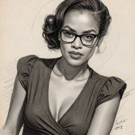 Elegant Freema Agyeman, pencil sketch, portrait of Ravishing woman 1937s in glasses, hair style beatnik, outline, clear lines, fine lines, 8k