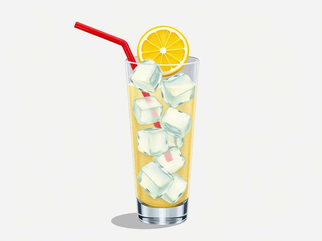 Create a realistic illustration of a tall glass filled with ice, a slice of lemon on top, and two red straws, using a DSLR camera with a 50mm lens, aperture set to f/2.8, ISO 100, and shot from a high angle for enhanced detail.