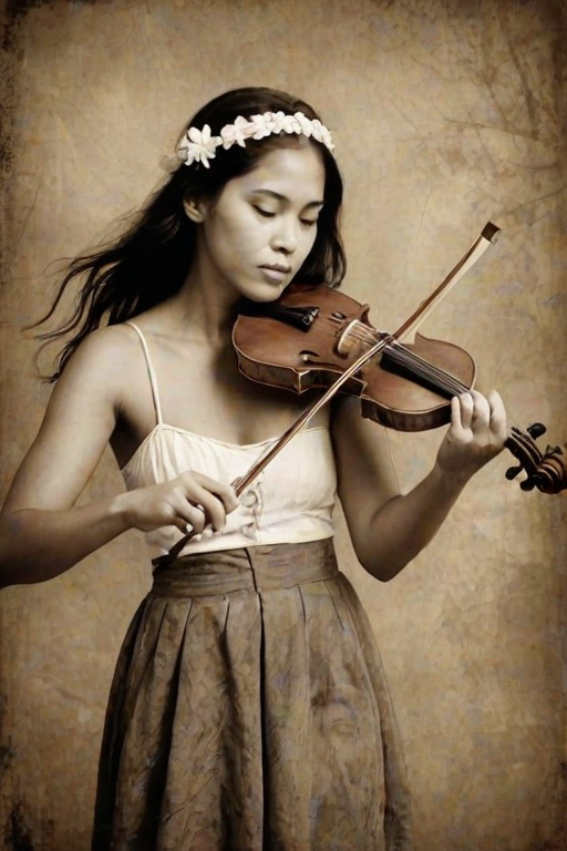 a young Hawaiian woman with a white headband playing a violin, in the style of a charcoal drawing, sepia grunge background