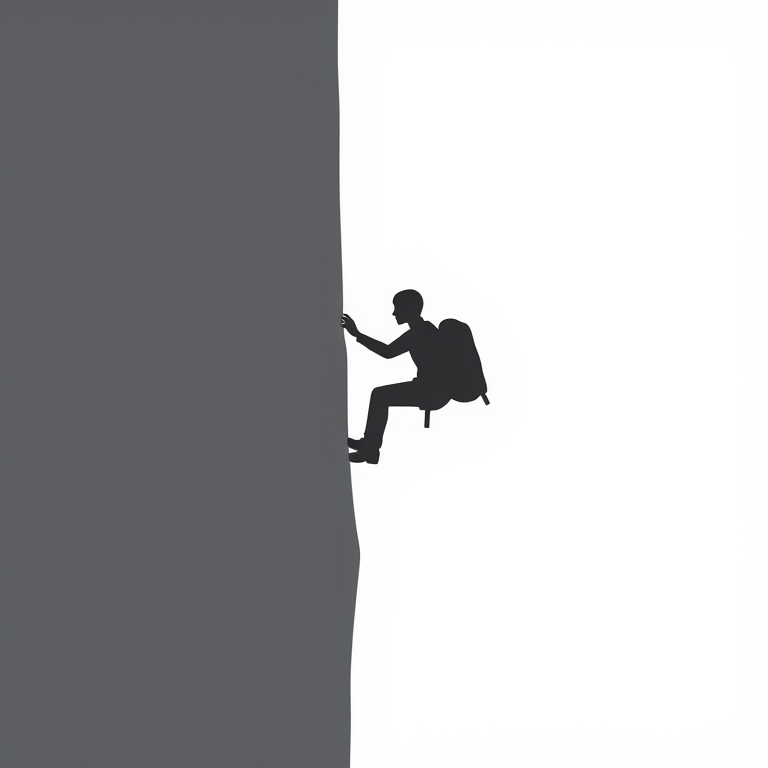Create a minimalist icon of a climber ascending a vertical surface, using a clean black and white color scheme, with high contrast, shot with a DSLR camera at f/8 aperture, 1/500 sec shutter speed, ISO 100, in a high-resolution view and sharp clarity.
