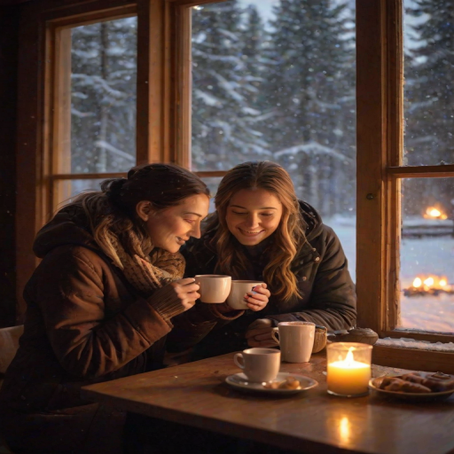 Warmly lit image of a couple sipping hot cocoa by a snow-covered window, soft glow from a nearby fireplace casting warm shadows, with snowflakes gently falling outside.