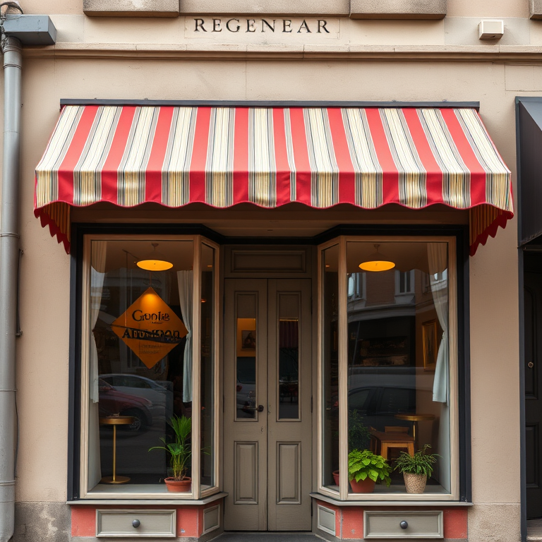 Regenerate a charming storefront with a striped awning, two large windows framing a door, potted plants visible inside, warm inviting colors, high-resolution image, taken with a DSLR camera, 50mm lens, f/2.8 aperture, natural soft lighting.