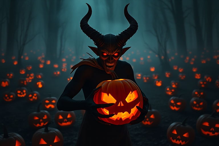 Create a high-resolution image of a demonic figure with large horns and glowing red eyes, holding a carved pumpkin in a dark, misty landscape filled with ominous jack-o'-lanterns, shot with a DSLR camera at f/2.8 aperture, ISO 100, 50mm lens, in a low-angle view with dramatic lighting to enhance shadows and textures.