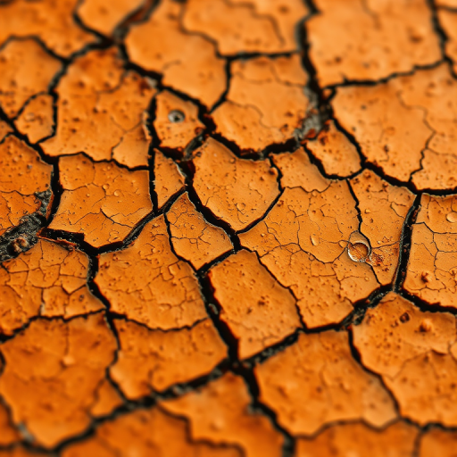 Generate a high-resolution abstract image of cracked orange and brown textured surface, captured with a DSLR camera at f/8 aperture, 50mm lens, ISO 100, using a macro view to enhance details and textures.