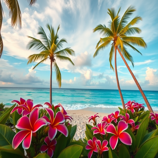 tropical beach with vibrant flowers in the foreground, turquoise sky and soft clouds in the background, shot with a Canon EOS R5, 35mm lens, f/8 aperture, ISO 100, at sunset for warm lighting effects, wide-angle view for depth.