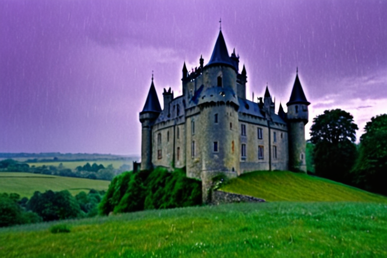 grey castle in the rain under a violet sky