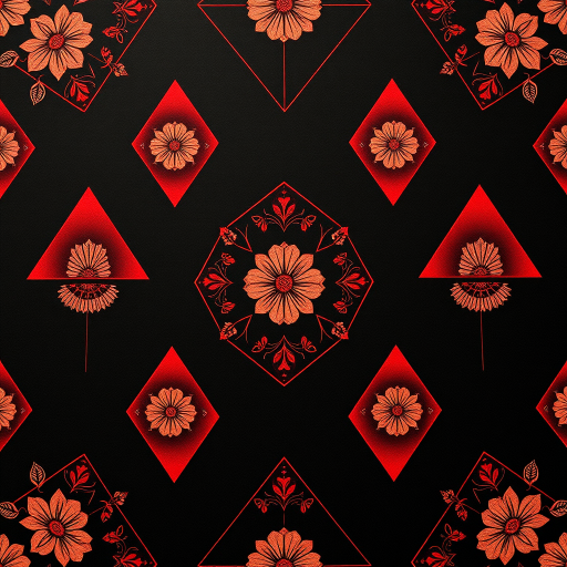 Create a seamless pattern of red triangles with floral designs on a black background, using a Canon EOS R5 camera with a 50mm lens, aperture set to f/8, ISO 100, shot from a high angle for a detailed perspective.