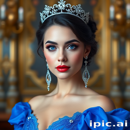A gorgeous woman in a luxurious blue gown, accessorized with a dazzling tiara and statement earrings, her deep blue eyes highlighted by impeccable makeup, poised in a royal setting, photorealistic, 8K quality