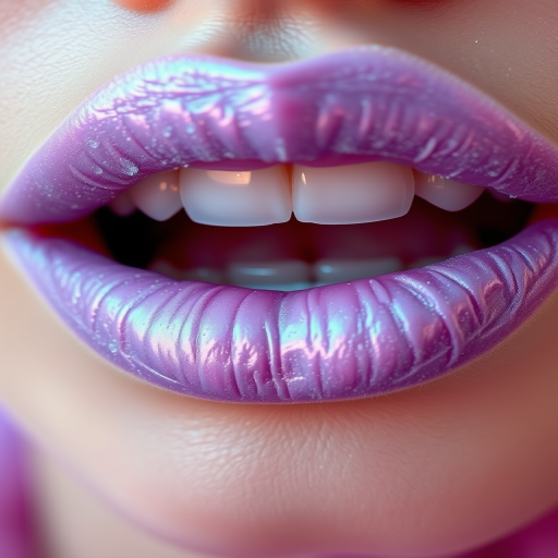 Frosted lavender lips with a cool, iridescent sheen, showcasing a unique and ethereal beauty that's both whimsical and sophisticated