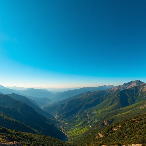 Generate an image of a serene mountain landscape with a clear blue sky and lush green valleys, using a Canon EOS 5D Mark IV camera, 35mm lens, aperture f/8, ISO 100, shot from a wide-angle view at sunrise for enhanced color and detail.