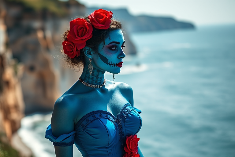 Regenerate the image of a woman with blue skin and skull makeup, wearing a blue corset dress with red roses, standing by the ocean with cliffs in the background, shot with a Canon EOS R5, 50mm lens, f/1.8, 1/125 sec, ISO 100, in natural light, shallow depth of field, vibrant colors, and high contrast.